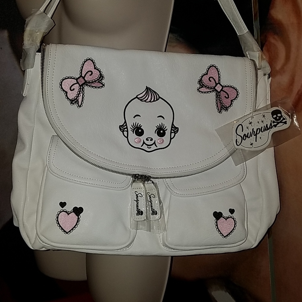 Sourpuss Nomad 1920's Kewpie Doll Baby Pink Bows Hearts Purse Vegan Leather Bag - Picture 2 of 15